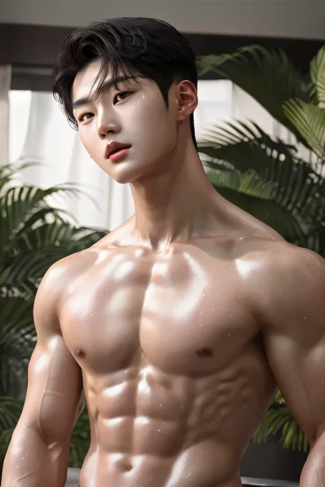 oppav3, (masterpiece, ultra quality, high resolution, 8k, intricate: 1.2), (detailed face:1.2), handsome, Young Korean man ,white skin, double eyelids , detailed skin, 1boy, ((realistic)), abs, good lighting quality, muscle veins, ((pale skin)), (sitting u...