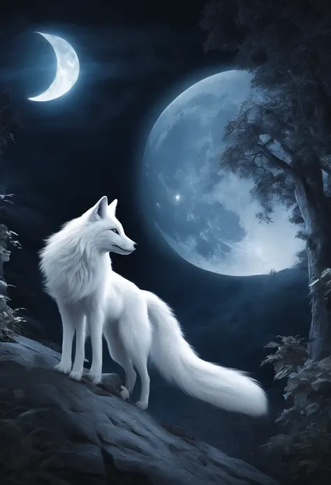 Full HD, Mythical spirit beasts，Nine-tailed silver fox，Giant nine-tailed fox，White flull，Look at the moon