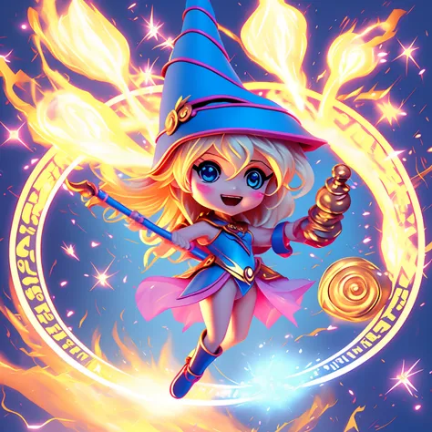 （（（Super obra maestra、highest qualityr、Ultra-detallado、1 niña dark magician girl、Chibi：1.5））、Create illustrations with infectious and energetic mini-magician characters, A radiant smile that carries the magic of positivity and energy. Charicatura, Adorned ...