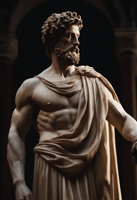 stoic statue of Marcus Aurelius cinematic hercules style 4k, with muscles and dark background.