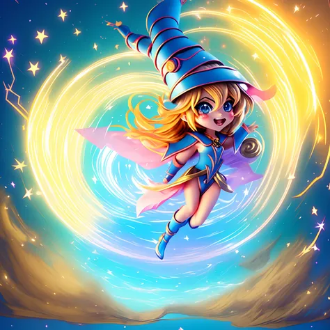 （（（Super obra maestra、highest qualityr、Ultra-detallado、1 niña dark magician girl、Chibi：1.5））、Create illustrations with infectious and energetic mini-magician characters, A radiant smile that carries the magic of positivity and energy. Charicatura, Adorned ...