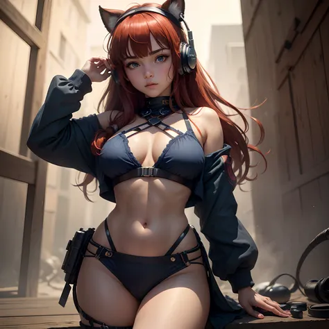 8k, masterpiece, best quality, realistic, higly detailed, cowboy shot, 1girl, solo, miku, emotionless looking girl, medium-length red hair, strands of hair hanging over the right side of her face, a set of wireless headphones that have a triangle-shaped lo...