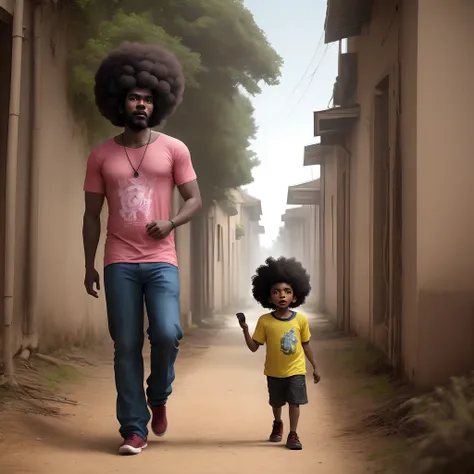 Black afro Man walking with with son, in dirty place