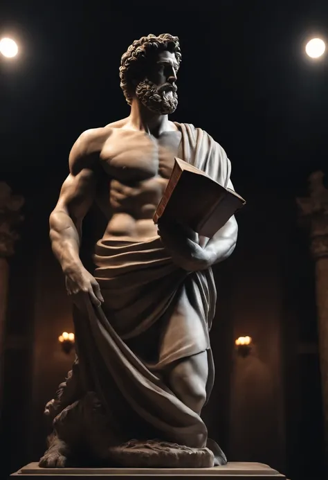 stoic statue of Marcus Aurelius hercules style, cinematic 4k, with muscles, angry with book in hand and dark background.