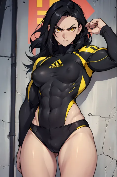 (muscular, thick thighs, small breasts, tight clothes, toned body, 1 girl), black hair, pale skin, yellow eyes, angry,  mound