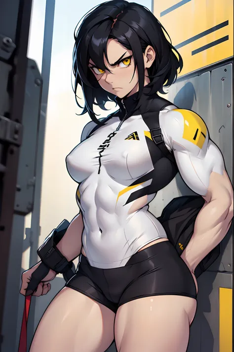 (muscular, thick thighs, small breasts, tight clothes, toned body, 1 girl), black hair, pale skin, yellow eyes, angry,  mound