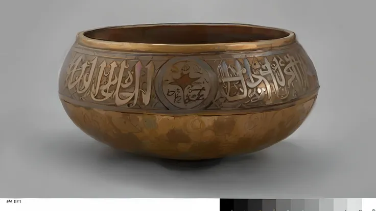 a close up of a metal bowl with arabic writing on it, roman, islamic art, photo courtesy museum of art, islamic, moroccan, 14th century, bowl, inspired by Kamāl ud-Dīn Behzād, maya, the sacred cup of understading, 1 4 8 0 s, museum item