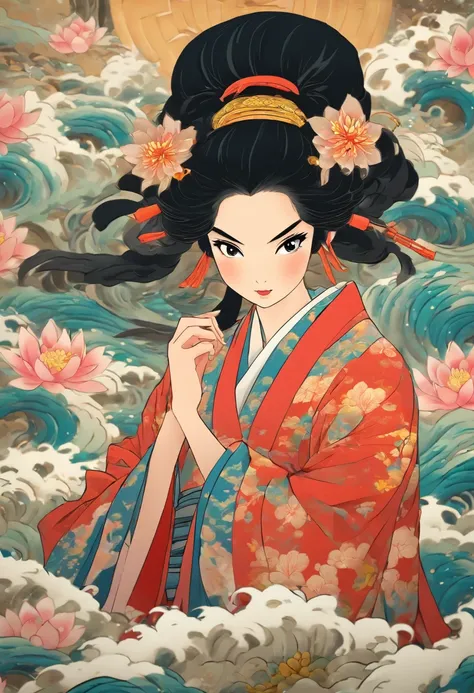 Kushinadahime,woman long black hair,Japanese clothing,Feudal Japan,Princess of the rice fields,masterpiece,hydra, scared expression, Shui Mo Hua, lotus, Chinese painting style, Thangka Style,8k,high quality