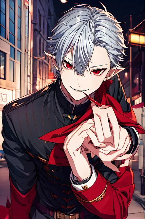 Mr. Kuzuha smoking and twilight、Nijisanji、Vampire Photos、​masterpiece、4K works、Short-haired man with gray hair、Vampire Man、((Solo Photography))、((Only 1 person))、Wearing a black jersey、Fangs grow、Pointed ears、Beautiful anime works、animesque、Grinning expres...