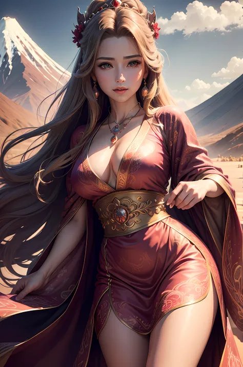 (highres, ultra-detailed, realistic:1.37), aerith, final fantasy, beautiful body, beautiful detailed eyes, detail-oriented nose, luscious red lips, long flowing hair, radiant smile, elegant crown, royal attire, intricate jewelry, graceful pose, enchanting ...