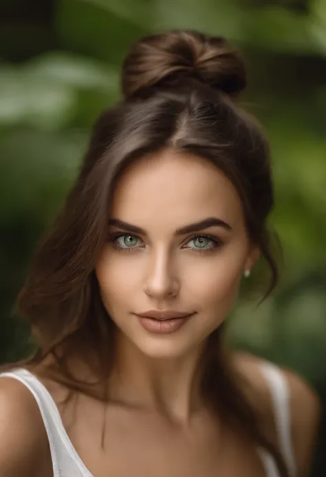 Arafed woman with a white tank top and necklace, fille sexy aux yeux verts, Portrait Sophie Mudd, cheveux bruns et grands yeux, selfie of a young woman, Yeux de chambre, Violet Myers, sans maquillage, maquillage naturel, looking straight at camera, Visage ...