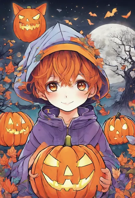 A boy in a Halloween coloring book, (best quality, highres, vivid colors:1.2), detailed illustrations, spooky atmosphere, candlelit scene, pumpkin lanterns, witches and ghosts, eerie shadows, creepy creatures, playful expression, joyful mood, fantasy theme...