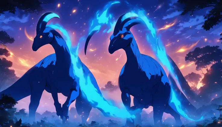 Parasaurolophus, softly glowing, orbs of blue flame circling, ebony dark night, Produce Flame, masterpiece, best quality