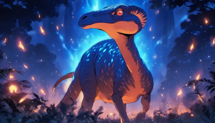 Parasaurolophus, softly glowing, orbs of blue flame circling, ebony dark night, Produce Flame, masterpiece, best quality