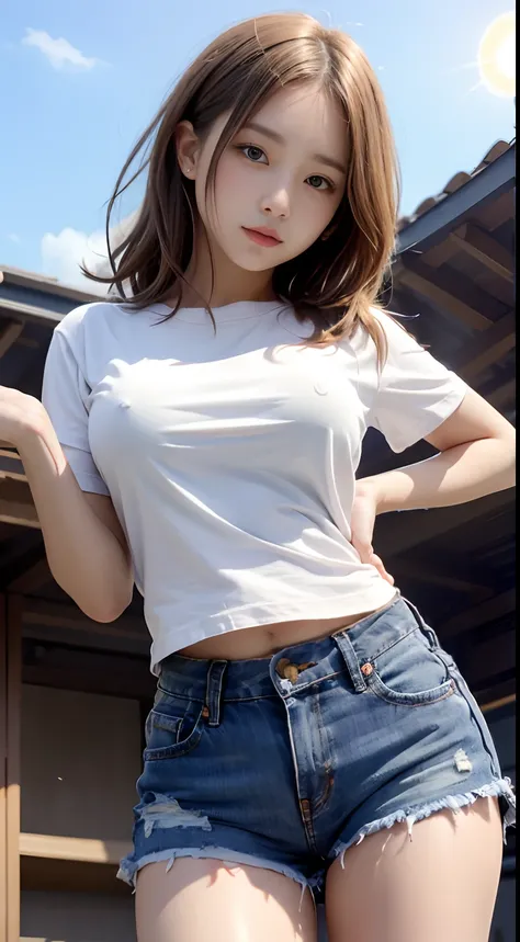 beautiful schoolgirl、medium bob hair、beautiful hair of light brown color、white short sleeve cut and sew、denim shorts、ample breas...