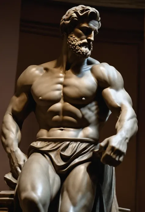 Statue of a Man, estilo Michelangelo, com barba curta, a dark marble sculpture with muscles, classical realism, macho, corpo inteiro