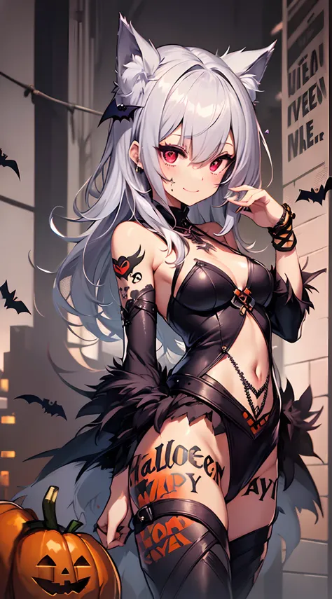 top-quality、Top image quality、in 8K,4K,​masterpiece、(NSFW:1.1)、ultra-detailliert、Beautiful、ultra-quality、cute little、girl with(((18year old、Halloween Costumes:1.5、Wolf Maiden、Bust 78、silber hair、a short bob、Red Eyes、erotick:1.4、Happiness、The tattoo)))、full...