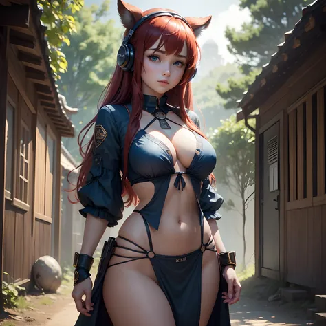 8k, masterpiece, best quality, realistic, higly detailed, cowboy shot, 1girl, solo, miku, emotionless looking girl, medium-length red hair, strands of hair hanging over the right side of her face, a set of wireless headphones that have a triangle-shaped lo...