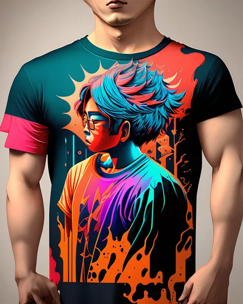 Korean artist drawing t-shirt designs, various colors of t-shirts, artistic, vintage 3D t-shirt art, epic illustrations, realistic, 3D illustrations, black background, very colorful, full gradient modern colors, Focused, front view