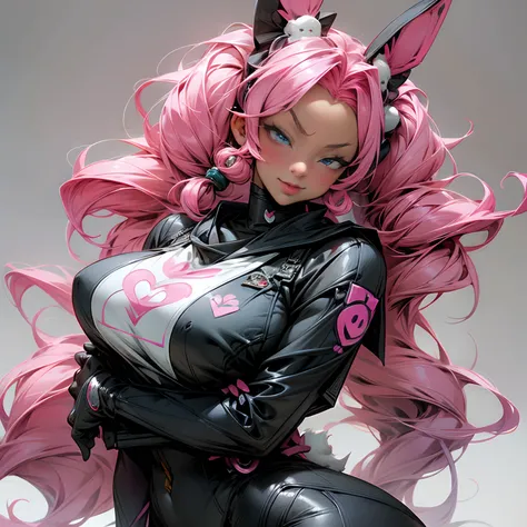 Anime milf with pink hair and rabbit ears posing in black and blue clothes, tan skin, dark skin, seductive anime milf, Highest rated on Pisif, Anime milf, (Anime milf), pink twintail hair and cyan eyes, Pisif, at pixiv, Anime milf, hot anime milf pretty an...