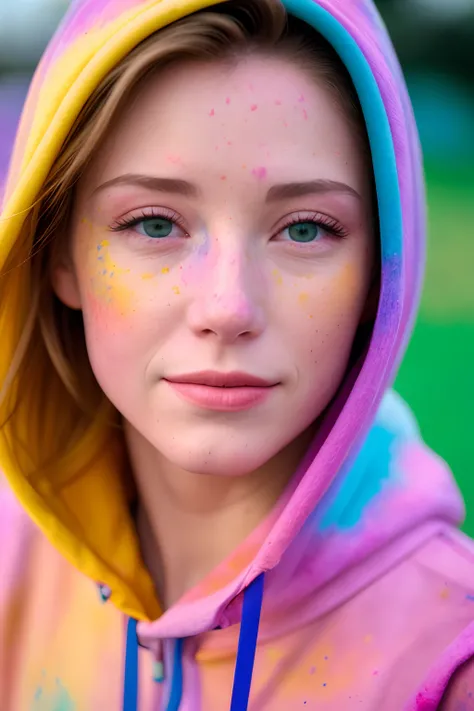 Beautiful Brazilian university student, vestindo moletom, olhando para o espectador, festival de cores holi, retrato, ponto de vista hiper detalhado, por lee jeffries, nikon d850, fotografia de filme, 4 kodak portra 400, F1 camera lens.6, cores ricas, hipe...