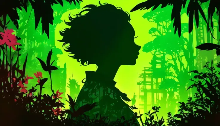 (Silhouette Art,cutouts:1.6)
(((Paper cutting art,A world where only black exists:1.3)

(Cowboy Shot),1 girl,Solo,
(机器人,profile:1.2),ruined and devastated city、Covered with plants

break
(Green City)
Textured glass background,Tarot card atmosphere