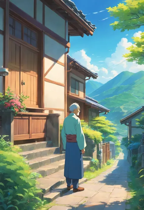 a wise old man near a house, in a valley, closeup