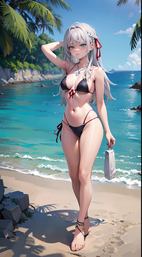 huge chest)), long hair, ((silver hair, blue eyes)), daylight, sunlight, (perfect body: 1.0), necklace, chain, full body photo, beach, black swimsuit, ( (small bikini)), (masterpiece), (best quality: 1.0), (ultra high resolution: 1.0), beautiful lighting, ...