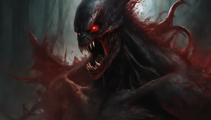 Painting of a demonic creature with a bloodied face and a bloodied head, close up, portrait, Carnage, Sci - The Art of Horror Fiction, sci-fi horror artwork, inspired by Aleksi Briclot, The fangs of the carnage, Horror art in the fantasy genre, by Aleksi B...