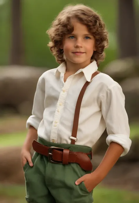 George is a young boy of about 10 years old with a mop of curly brown hair, bright blue eyes, and freckles on his nose. He is wearing a white shirt with the sleeves rolled up to his elbs, green baggy pants, brown boots, and brown belt. He wears a red kerch...