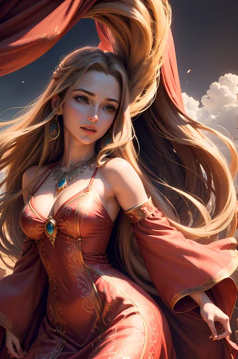 (highres, ultra-detailed, realistic:1.37), aerith, final fantasy, beautiful body, beautiful detailed eyes, detail-oriented nose, luscious red lips, long flowing hair, radiant smile, royal attire, intricate jewelry, graceful pose, enchanting expression, maj...