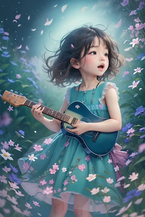 5 years old girl, wears with a blue dress, Sing with a guitar, little blue blossoms are falling all over the sky,