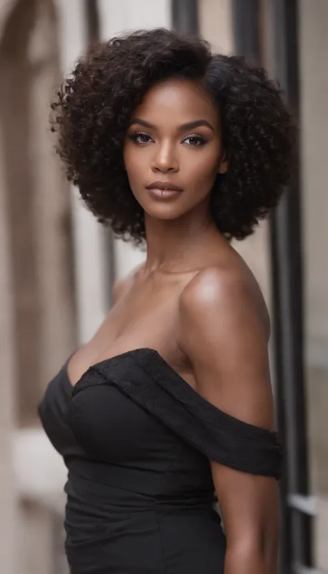 A beautiful and incredible black Brazilian woman，Retrato da parte superior do corpo，Free curls, cabelo encaracolado preto, (cabelos cacheados escuros e curtos), Cabelo encaracolado longo preto selvagem, cabelo multiversal, brasileiro, cabelo curto preto en...