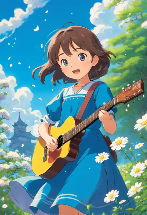 5 years old girl, wears with a blue dress, Sing with a guitar, little blue blossoms are falling all over the sky,