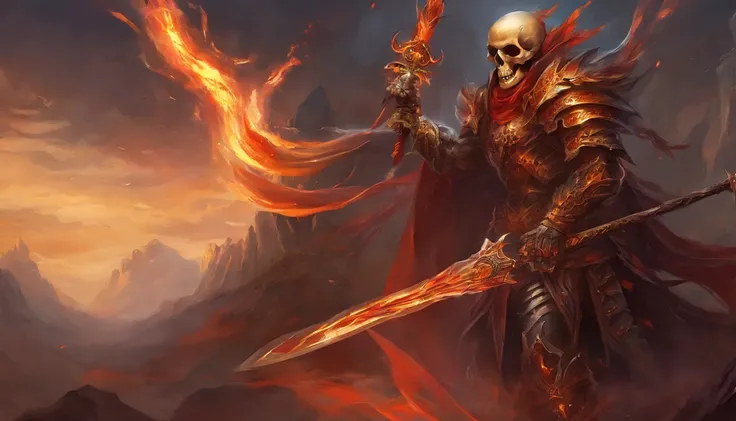 Skull warrior with flames, skeleton with armor and sword, dark, macabre, epic.