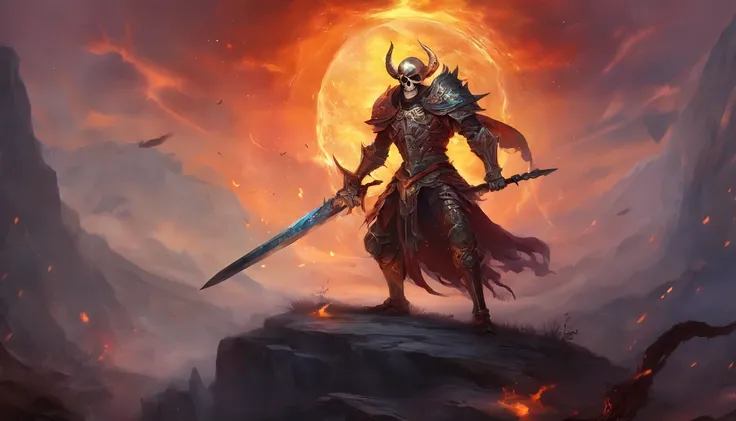 Skull warrior with flames, skeleton with armor and sword, dark, macabre, epic.