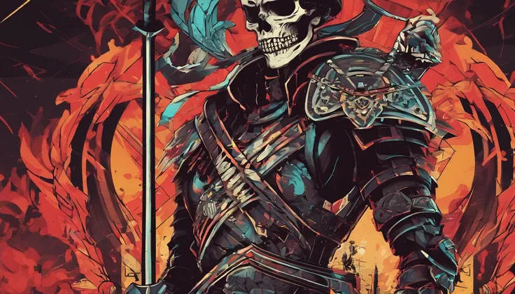 Skull warrior with flames, skeleton with armor and sword, dark, macabre, epic, horror.