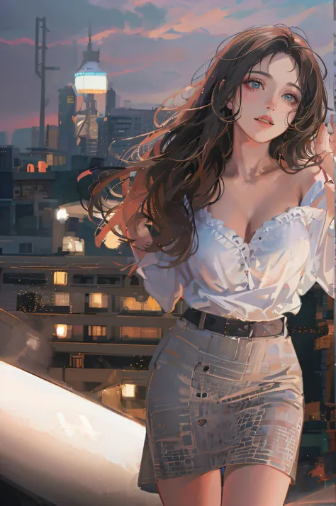 ((A beautiful and cute woman is standing on the terrace)), ((22-year-old beauty)), ((charming smile)), ((her long hair is blowing in the wind)), ((her miniskirt is Its waving in the wind)), (( You can see the cleavage of her plump bust from the blouse)), (...