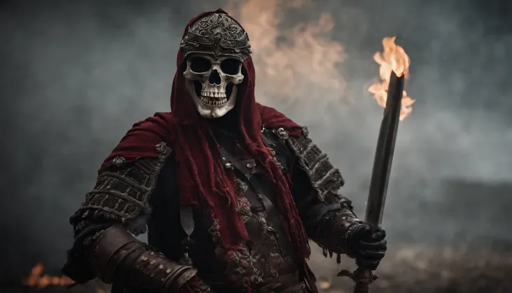 Skull warrior with flames, skeleton with armor and sword, dark, macabre, epic, horror, ultra detailed, red color.