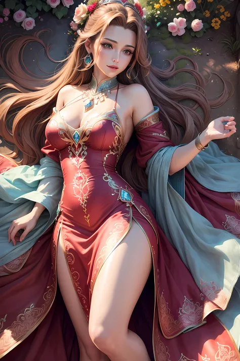 (highres, ultra-detailed, realistic:1.37), aerith, final fantasy, beautiful body, beautiful detailed eyes, detail-oriented nose, luscious red lips, long flowing hair, radiant smile, royal attire, intricate jewelry, graceful pose, enchanting expression, maj...