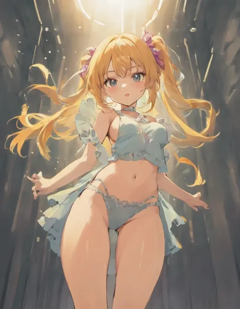 A 16-year-old female hentai character. She has long hair and is wearing underwear, flowing underwear that accentuates her sexy pose. The full body concept showcases her clear outfit design. This  womans full body art is a great example of detailed outfit d...