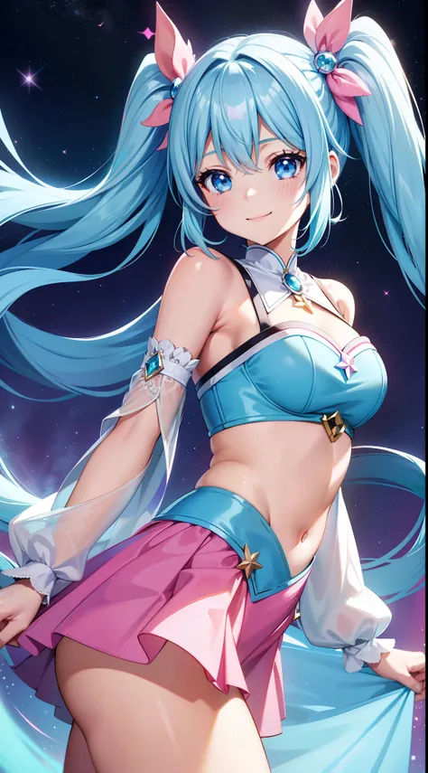 Super Idol　a beauty girl　A charming smile　sky blue hair　length hair　Twin-tailed　Sexy outfit in sparkling bright pink and white and blue　Mystical　Fantasia　constellation　a moon　Crystal Brilliance　Aurora Borealis in the Night Sky