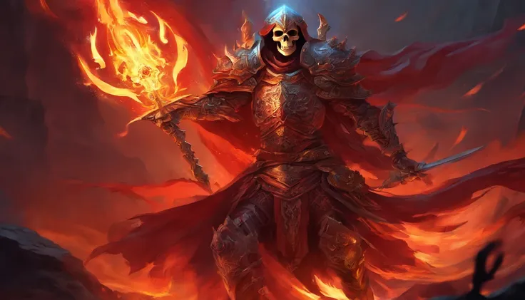 Skull warrior with flames, skeleton with armor and sword, dark, macabre, epic, horror, ultra detailed, red color.