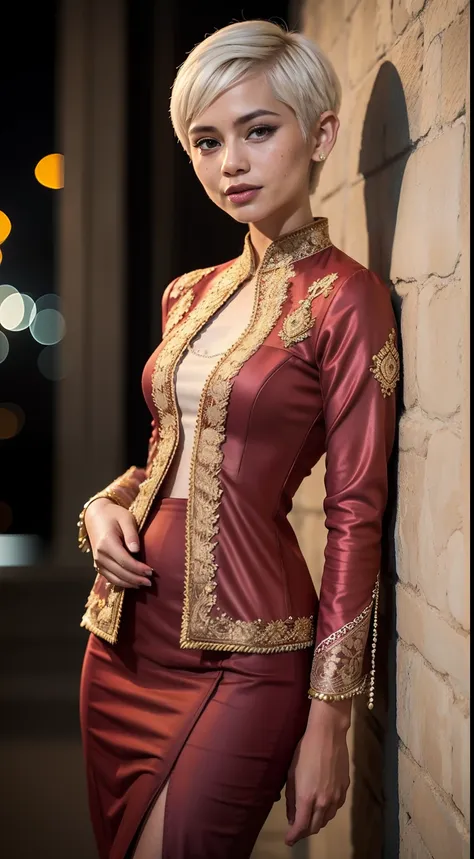 malay girl, very short white hair, pixie cut hair, wear light plain  red women's long-sleeved dress opened at the front, secured...