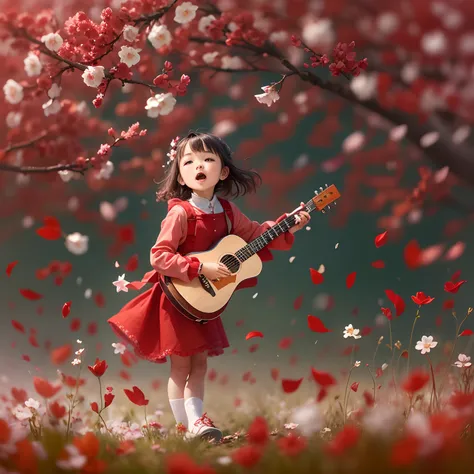 5 years old girl, wears with a red dress, Sing with a guitar, little white blossoms are falling all over the sky,