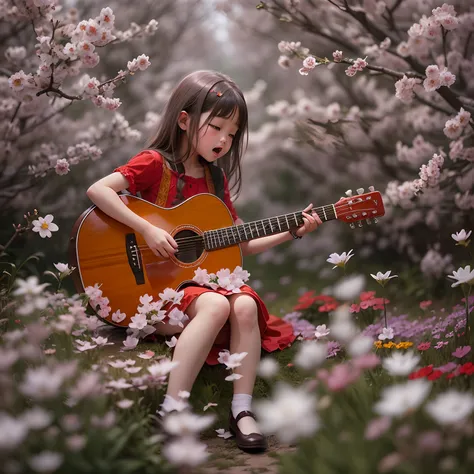 5 years old girl, wears with a red dress, Sing with a guitar, little white blossoms are falling all over the sky,