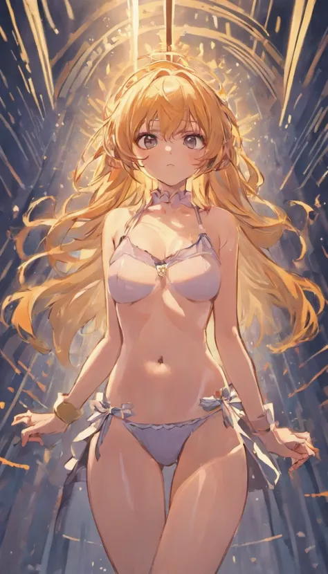 A 16-year-old female hentai character. She has long hair and is wearing underwear, flowing underwear that accentuates her sexy pose. The full body concept highlights her sleek body design with large breasts. This womans intricate body art serves as an exce...