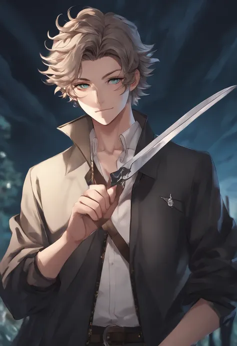 a person holding a pair of scissors, with index finger, hajime yatate, handsome guy in demon slayer art, anime style like fate/stay night, demon slayer rui fanart, tall anime guy with blue eyes, clean detailed anime style, male anime character, anime style...