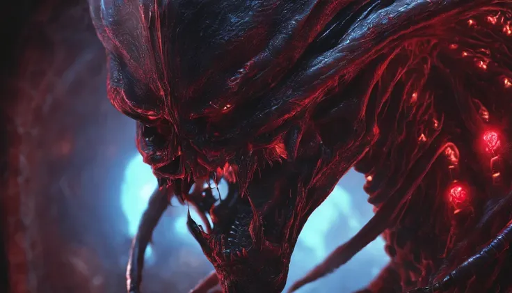 Close up of a demon with glowing eyes, spectral, creepy, ultra detailed, dark ambient, red color, masterpiece.