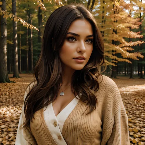 Generate full-body photography of Autumn, the stunning brunette influencer. She should appear in her mid-20s, approximately 54" tall, with long, wavy chestnut hair that falls gracefully on her shoulders. She has an athletic hourglass figure accentuated by ...